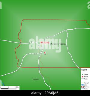 Karte der Hauptstadt Brasília mit Hauptstraßen, Flüssen, Seen, städtischen Gebieten und Namen der Bezirke in der Nähe Stockfoto