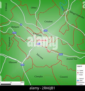 Karte der Hauptstadt Chișinău mit Hauptstraßen, Flüssen, Seen, städtischen Gebieten und Namen der Bezirke in der Nähe Stockfoto