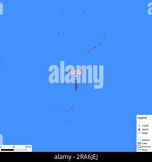 Karte der Hauptstadt Malé mit Hauptstraßen, Flüssen, Seen, städtischen Gebieten und Namen der Landkreise in der Nähe Stockfoto
