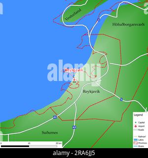 Karte der Hauptstadt Reykjavík mit Hauptstraßen, Flüssen, Seen, städtischen Gebieten und Namen der Bezirke in der Nähe Stockfoto