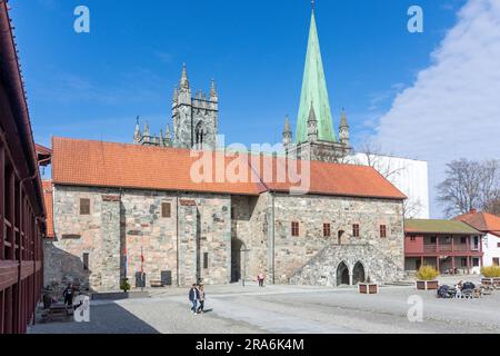 Nidaros-Kathedrale (Nidarosdomen) aus dem Palast des Erzbischofs (Erkebispegården), Kongsgårdsgata, Trondheim, Kreis Trøndelag, Norwegen Stockfoto