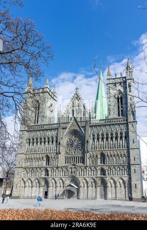 Westfront der Nidaros-Kathedrale aus dem 13. Jahrhundert (Nidarosdomen) Kongsgårdsgata, Trondheim, Trøndelag County, Norwegen Stockfoto