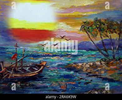 Ölgemälde Kunstkurs, Meer, Fischerboote Stockfoto