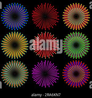 Wunderschönes elegantes rundes Sternmuster, Sonnenexplosion, Feuer, Blumendesign, Farbe, Textur, Vektor, Mandalapack Stock Vektor