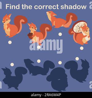 Finde Eichhörnchen mit dem richtigen Schatten. Arbeitsblatt für Vorschulkinder. Verbinden Sie Shade mit dem niedlichen Säugetier. Kinder studieren Tutorialübungen. Logikspiel im Kinderzimmer. Wald Stock Vektor