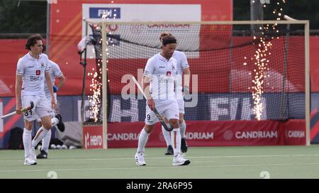 Antwerpen, Belgien. 01. Juli 2023. Der belgische Sebastien Dockier sieht während eines Hockeyspiels zwischen der belgischen Nationalmannschaft Red Lions und den Niederlanden, Spiel 10/12 in der Gruppenphase der Men's FIH Pro League 2023, Samstag, den 01. Juli 2023 in Antwerpen, deprimiert aus. BELGA PHOTO VIRGINIE LEFOUR Kredit: Belga News Agency/Alamy Live News Stockfoto