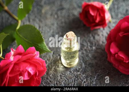 Eine Flasche ätherisches Öl mit blühenden roten Rosen auf dunklem Hintergrund Stockfoto