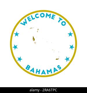 Willkommen auf den Bahamas-Stempel. Grunge Country Rundstempel mit Textur im Farbdesign Gummy Delphins. Geometrische Bahamas-Dichtung im Vintage-Stil. Starker Vektor Stock Vektor