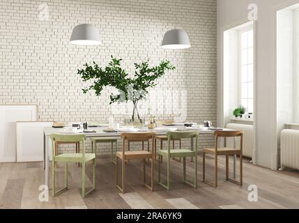 3D-Render des Speisesaals mit weißer Ziegelwand und altem Holzfußboden. Stockfoto