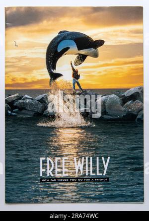 Titelseite mit Publicity-Informationen für den Film Free Willy, der 1993 veröffentlicht wurde Stockfoto