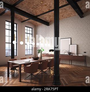 3D-Render eines Wohnzimmers mit weißer Ziegelwand, Holzboden und großen Fenstern mit Tageslicht. Holztisch und -Schrank mit braunen Lederstühlen. Sphe Stockfoto