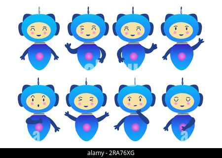 Eine Gruppe kleiner Roboter mit unterschiedlichen Emotionen, Chat-Bots oder künstlicher Intelligenz. Humanoid im Cyberspace, App-Assistent. Farbenfroher Vektor isoliert krank Stock Vektor
