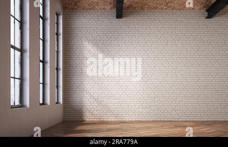 3D-Rendering eines leeren Raumes mit weißer Ziegelwand und Holzboden. Linkes Fenster mit Tageslicht. Stockfoto