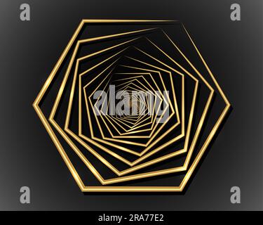 Goldene sechseckige Spirale, goldene Linienzeichnung, luxuriöses Logo-Design, Vektordarstellung isoliert auf schwarzem Hintergrund Stock Vektor