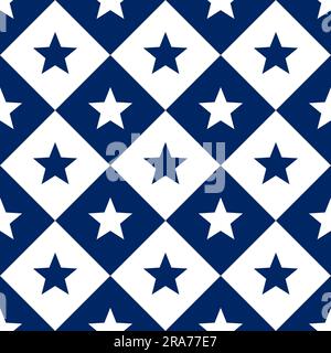 Diagonale Sterne und Quadrate nahtloses Muster. Amerikanische patriotische Hintergründe. Geometrische Drucke am Unabhängigkeitstag. Echte Farben der USA-Flagge. Stock Vektor