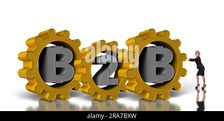 Geschäftsfrau, die B2B Gänge fährt, isoliert auf weißem Hintergrund Stockfoto