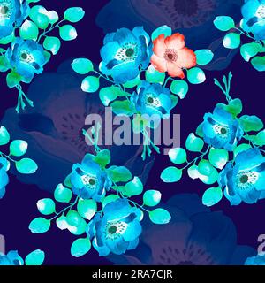 Nahtloses, wasserfarbenes Blumenmuster auf dunkelblauem Hintergrund. Anzüge wie Druck auf Textilien, Kleidung, Papier Stockfoto