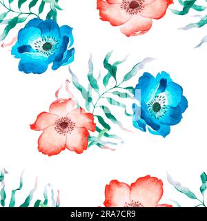 Nahtloses Aquarellmuster mit blauen und roten Blumen auf weißem Hintergrund. Anzüge wie Druck auf Textilien, Kleidung, Papier Stockfoto