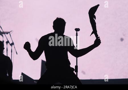 Bologna, Italien. 01. Juli 2023. Italienischer Sänger Marco Mengoni tritt auf der Bühne während seiner „Marco Negli Stadi Tour 2023“ im Dall'Ara Stadium, Bologna, 01. Juli 2023 Kredit: Live Media Publishing Group/Alamy Live News Stockfoto