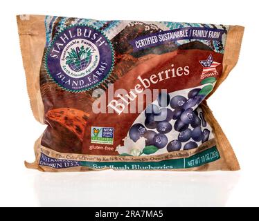 Winneconne, WI - 25. Juni 2023: Ein Paket von Stahlbush Island Farm gefrorenen Blaubeeren auf einem isolierten Hintergrund. Stockfoto