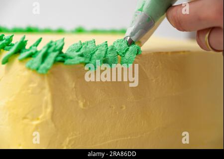 Eine Frau, die einen grünen und gelben Geburtstagskuchen mit einer Nahaufnahme der Konditortüte dekoriert. Stockfoto