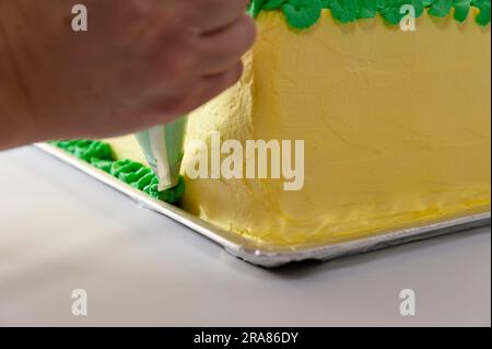 Eine Frau, die einen grünen und gelben Geburtstagskuchen mit einer Nahaufnahme der Konditortüte dekoriert. Stockfoto