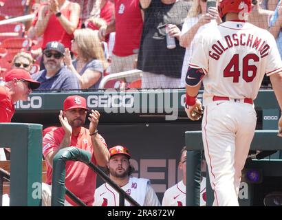 St. Louis, Usa. 01. Juli 2023. St. Louis Cardinals Paul Goldschmidt geht in den Dugout, nachdem er im dritten Inning einen drei-Runs-Homerun gegen die New York Yankees geschafft hat, während Manager Ollie Marmol im Busch Stadium in St. für ihn klatscht Louis am Samstag, den 1. Juli 2023. Foto: Bill Greenblatt/UPI Credit: UPI/Alamy Live News Stockfoto