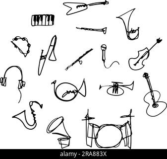 Handgezeichnete abstrakte, durchgehende Linie des Musikinstruments. Kritzeleien und Skizzen. Vektor Stock Vektor