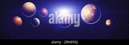 Panoramablick auf Erde, Sonne, Stern und Galaxie. Sonnenaufgang über dem Planeten Erde, Blick aus dem All. Stockfoto