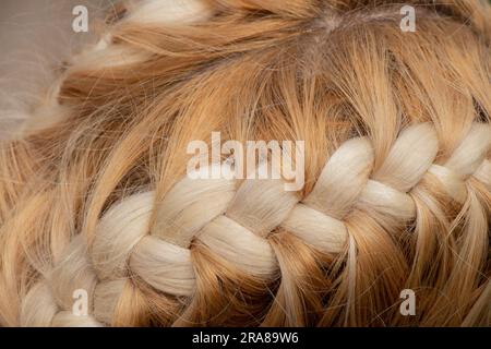 Geflochtener Stachel auf dem Kopf eines jungen blonden Mädchens Stockfoto