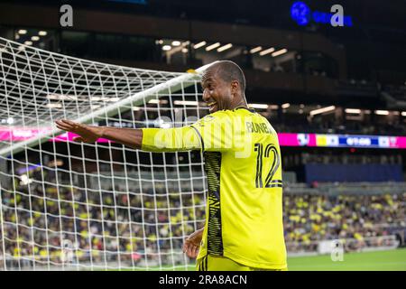 Nashville, Tennessee, USA. 1., Juli 2023. Teal Bunbury (12). Nashville SC besiegt D.C. United 2-0 im GEODIS Park. Kredit: Kindell Buchanan/Alamy Live News. Stockfoto