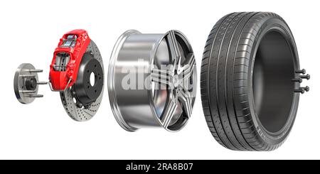 Fahrzeugräder. Reifen, Felge, Scheibenbremsen mit isoliertem Bremssattel auf weiß. 3D Abbildung Stockfoto