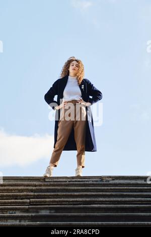 Seriöse Frau in blauem Wolltrenchmantel steht an sonnigen Herbsttag auf Treppen Stockfoto