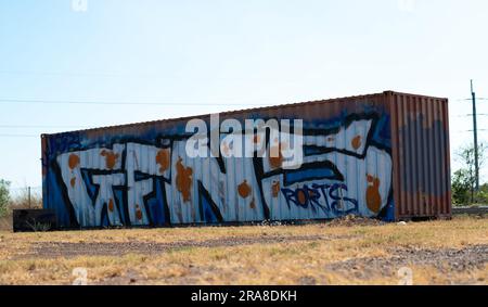 Ein Versandcontainer in einer Koppel wurde in „öffentliche Kunst“ umgewandelt. Stockfoto