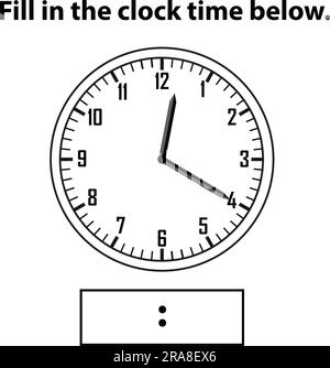 Analoge Uhr. Wie spät ist es? Schreibe die Lernuhr und das mathematische Arbeitsblatt auf. Arbeitsblätter „Zeiterfassung für Kinder“. Analoge Uhr lernen. Stock Vektor