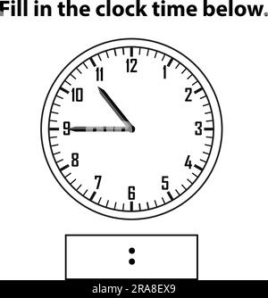 Analoge Uhr. Wie spät ist es? Schreibe die Lernuhr und das mathematische Arbeitsblatt auf. Arbeitsblätter „Zeiterfassung für Kinder“. Analoge Uhr lernen. Stock Vektor