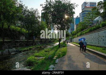 Seoul, Südkorea - 28. Juni 2023: Cheonggyecheon Stream im Zentrum von Seoul, Südkorea. Stockfoto