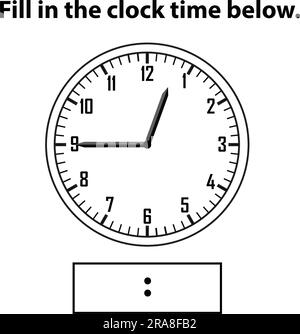 Analoge Uhr. Wie spät ist es? Schreibe die Lernuhr und das mathematische Arbeitsblatt auf. Arbeitsblätter „Zeiterfassung für Kinder“. Analoge Uhr lernen Stock Vektor