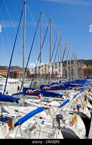 Segelboote im Hafen von Nizza, Alpes-Maritimes, Provence-Alpes-Cote d'Azur, Südfrankreich Stockfoto