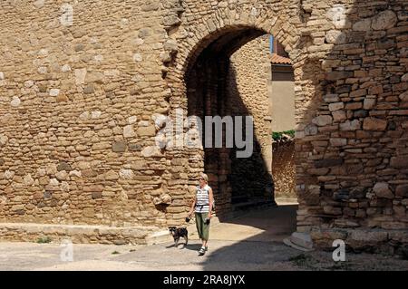 Frau mit Miniaturschnauzer, schwarz-silber, vor dem Eingang der alten Stadtmauer, Venaske, Vaucluse, Provence-Alpes-Cote d'Azur, südlich von Stockfoto