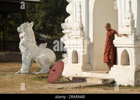 Junger buddhistischer Mönch, Set Taw Ya Pagode, Mingun, Birma, Myanmar, Settawya Pagode Stockfoto