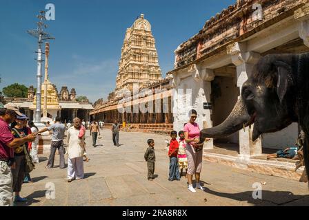 Anhänger, die Segen vom Tempelelefanten im Virupaksha-Tempel in Hampi, Karnataka, Südindien, Indien, Asien erhalten. UNESCO-Weltkulturerbe Stockfoto