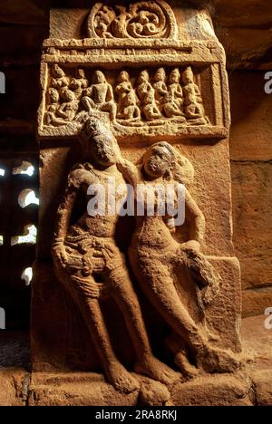 Skulptur aus dem 8. Jahrhundert im Papanatha-Tempel in Pattadakal, Karnataka, Südindien, Indien, Asien, Unesco-Weltkulturerbe Stockfoto