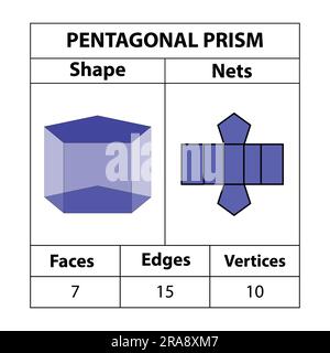 Fünfeckiges Prisma, Netze, in Mathematik. Flächen, Kanten, Eckpunkte. Geometrische Figuren, isoliert auf weißem Hintergrund. Geometrische 3D Formen Netze. vektor. Stock Vektor