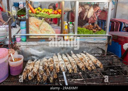 Bangkok, Thailand - 22. Dezember 2009: Street Hawker bietet frisches gegrilltes Fleisch und Gemüse auf der Straße in Bangkok, Thailand. Stockfoto