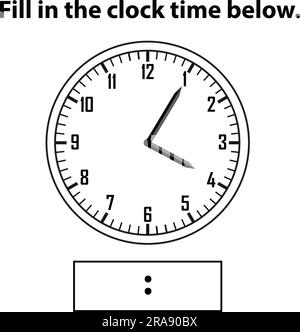 Analoge Uhr. Wie spät ist es? Schreibe die Lernuhr und das mathematische Arbeitsblatt auf. Arbeitsblätter „Zeiterfassung für Kinder“. Analoge Uhr lernen. Stock Vektor