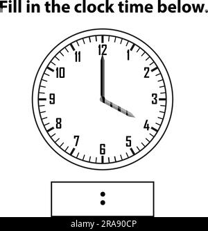 Analoge Uhr. Wie spät ist es? Schreibe die Lernuhr und das mathematische Arbeitsblatt auf. Arbeitsblätter „Zeiterfassung für Kinder“. Analoge Uhr lernen. Stock Vektor