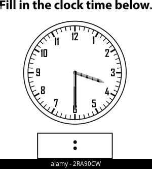 Analoge Uhr. Wie spät ist es? Schreibe die Lernuhr und das mathematische Arbeitsblatt auf. Arbeitsblätter „Zeiterfassung für Kinder“. Analoge Uhr lernen. Stock Vektor