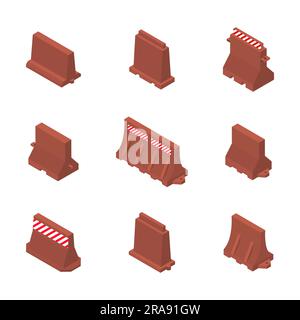 Set aus Kunststoff Straße Barrieren mit Markup, auf weißem Hintergrund. Flache isometrische 3D-Stil, Vector Illustration. Stock Vektor