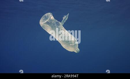 17. Juni 2023, Rotes Meer, Ägypten: Einweg-Plastikflasche treibt unter die Oberfläche von blauem Wasser. Eine Plastikflasche wird in die Wassersäule der Morgenzeit geworfen, Rotes Meer, Ägypten (Kreditbild: © Andrey Nekrasov/ZUMA Press Wire) NUR REDAKTIONELLE VERWENDUNG! Nicht für den kommerziellen GEBRAUCH! Stockfoto